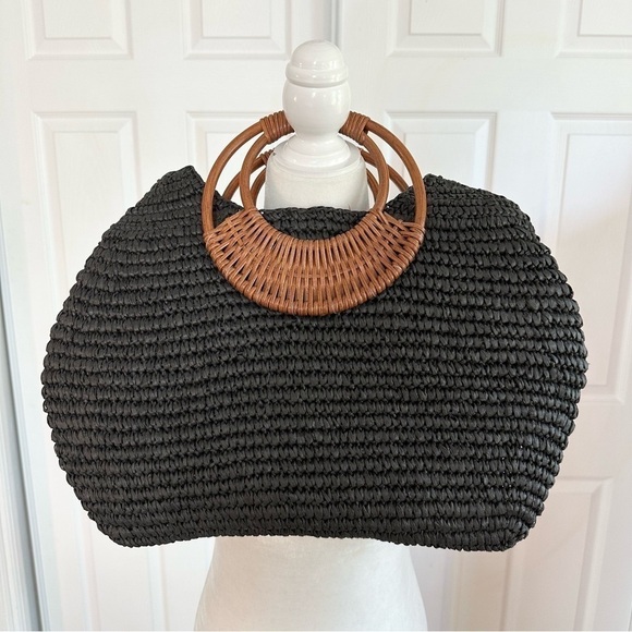 Straw Studios Black Woven Straw Handle Bag Purse with Rattan Handle - Picture 1 of 3